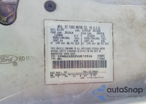 1997 Ford Explorer Eddie Bauer/Limited/Xl/Xlt from USA, damaged, VIN 1FMDU32E2VUB72316